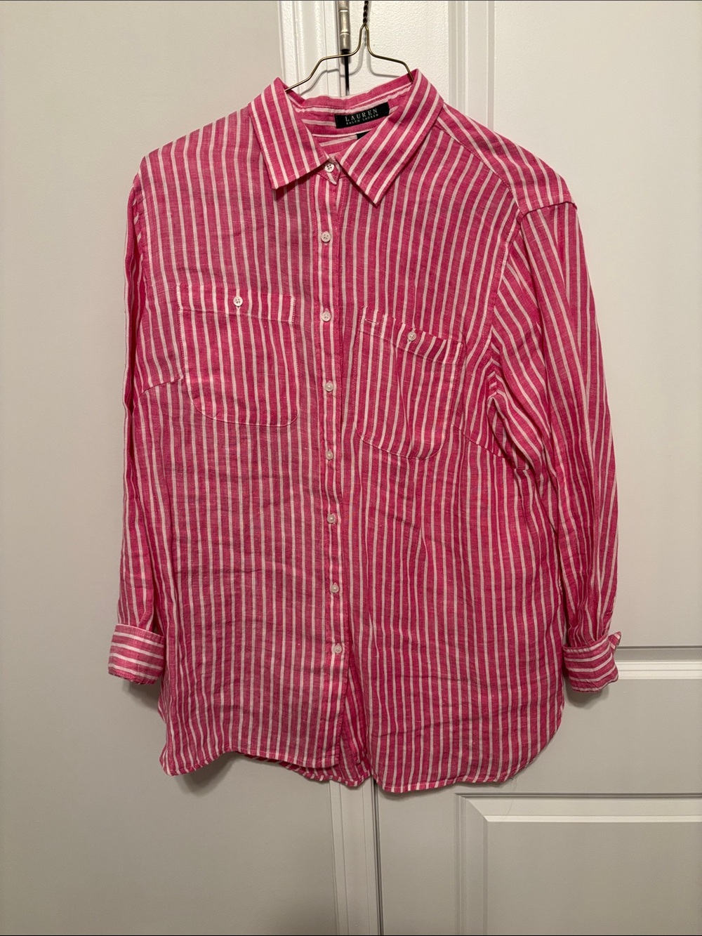 Ralph Lauren 100% Linen Pink & White Striped Button-Up Shirt Womens 1X